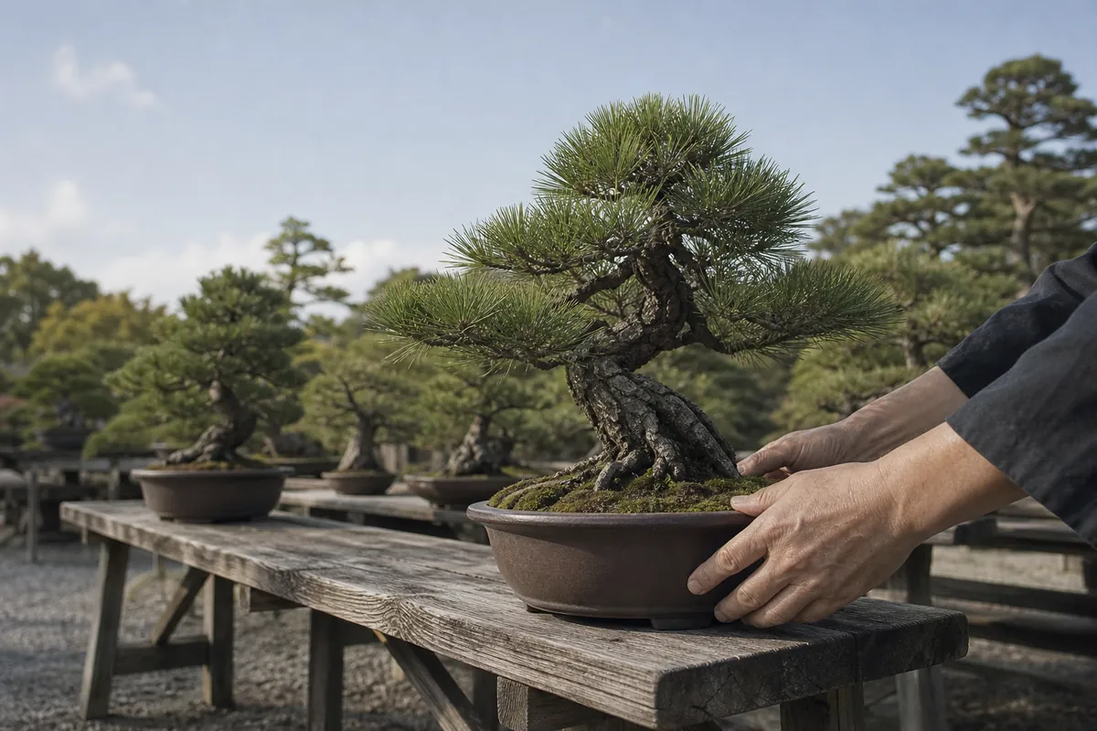 晴れた屋外の木の棚に、室内で飾り終えた黒松の鉢を両手で戻しているところ。ほかの松の鉢も棚に並んでいる