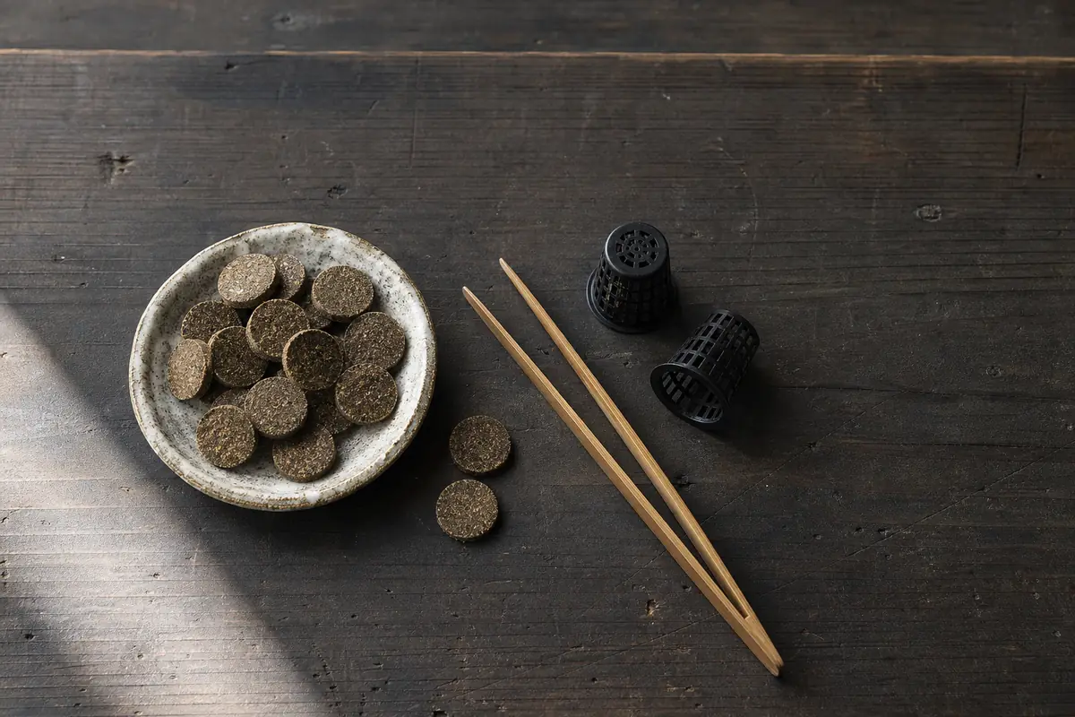 Round, flat brown cakes of pressed rapeseed-meal fertilizer in a small dish on an old work table, with bamboo tweezers and small fertilizer cage caps