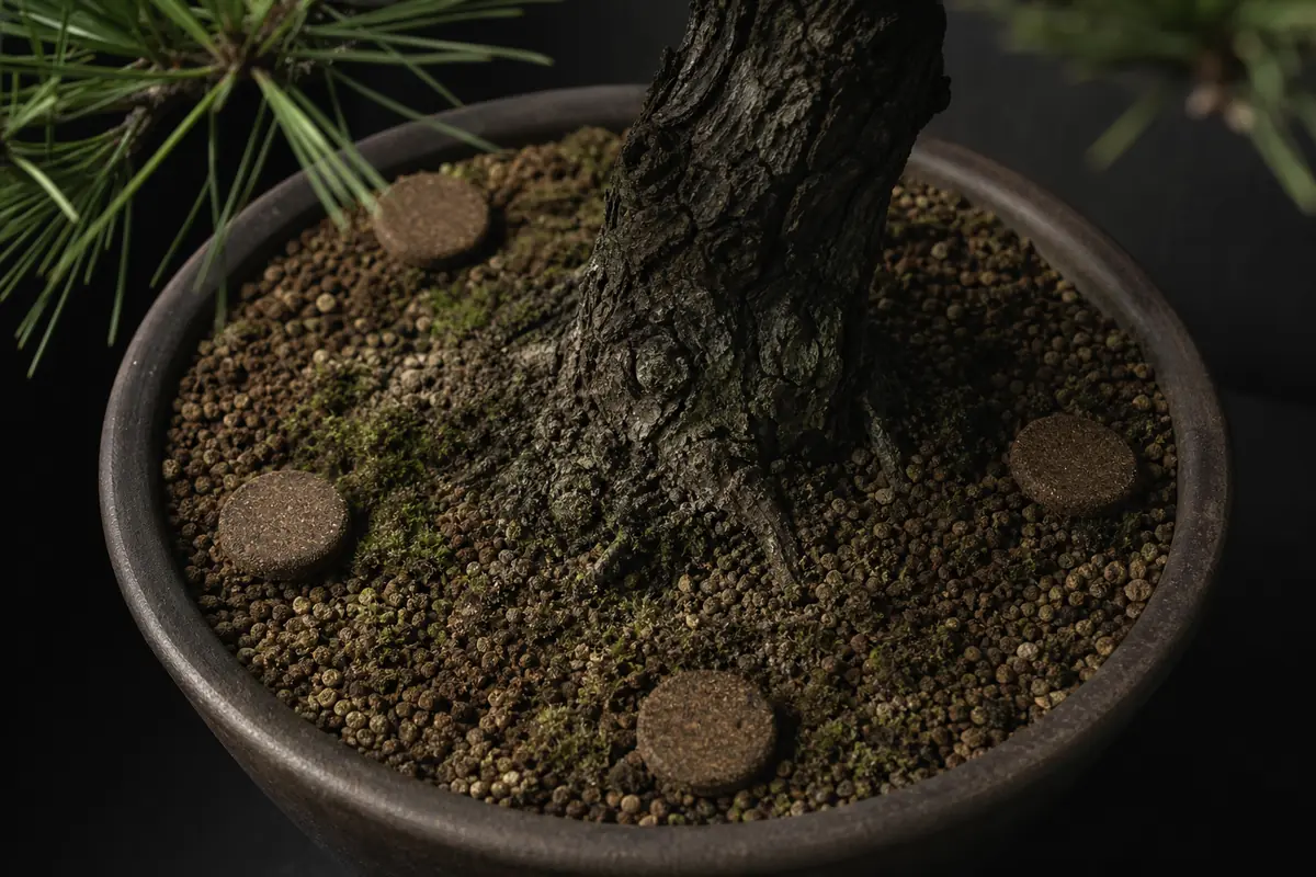 Four round fertilizer cakes spaced evenly near the rim of a pine bonsai pot, well away from the base of the trunk