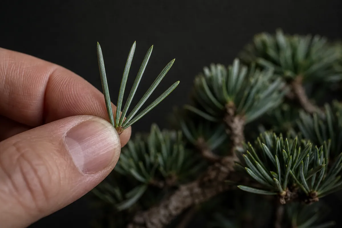 A single needle bundle of Japanese white pine held between fingertips: five short blue-green needles joined at the base