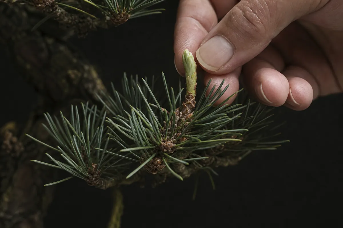 Spring: fingertips pinching off the tip of a soft new white pine shoot whose needles have not yet opened