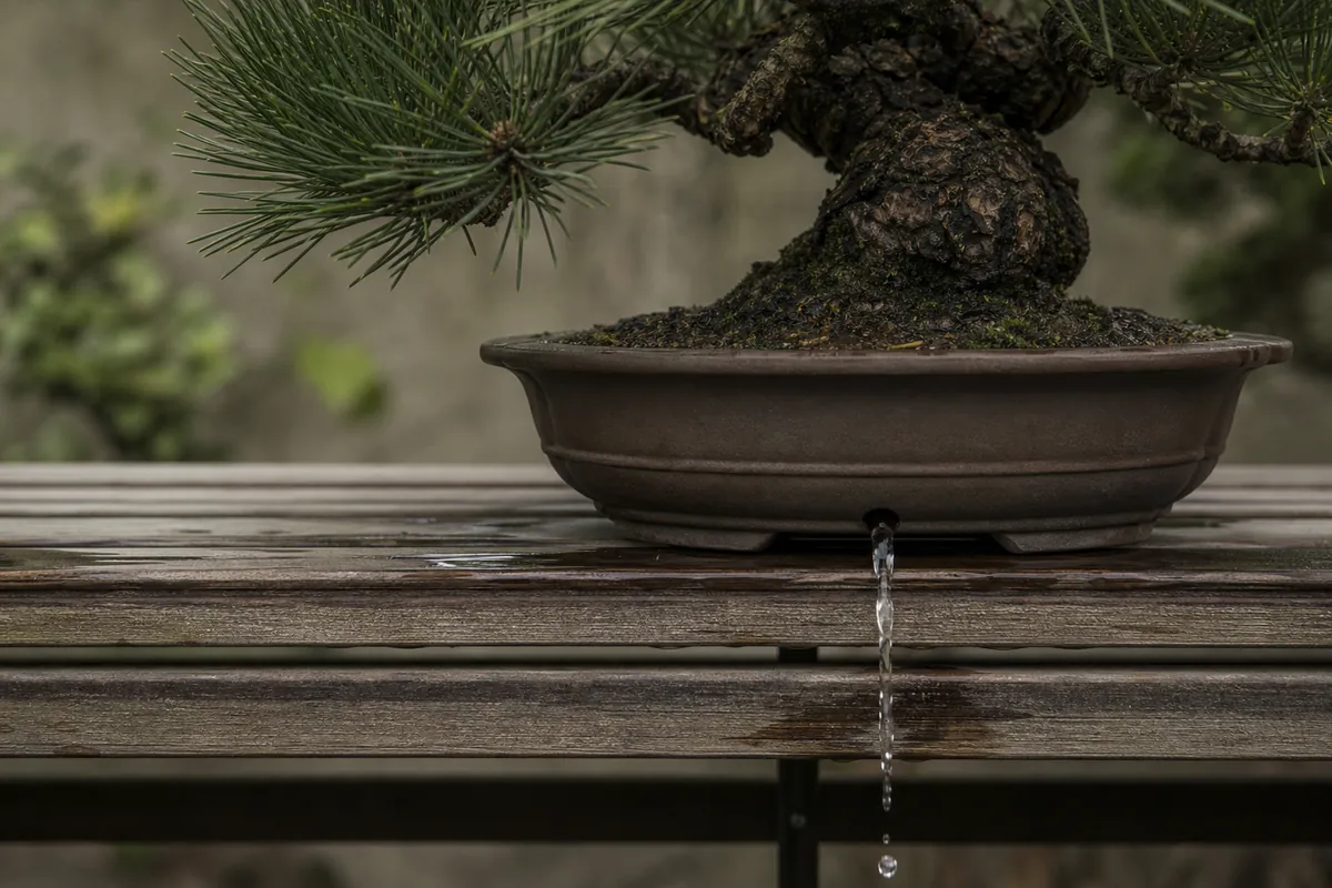 水やりの直後、茶色の鉢の底の穴から水が流れ出て、棚のすき間に落ちている黒松の盆栽