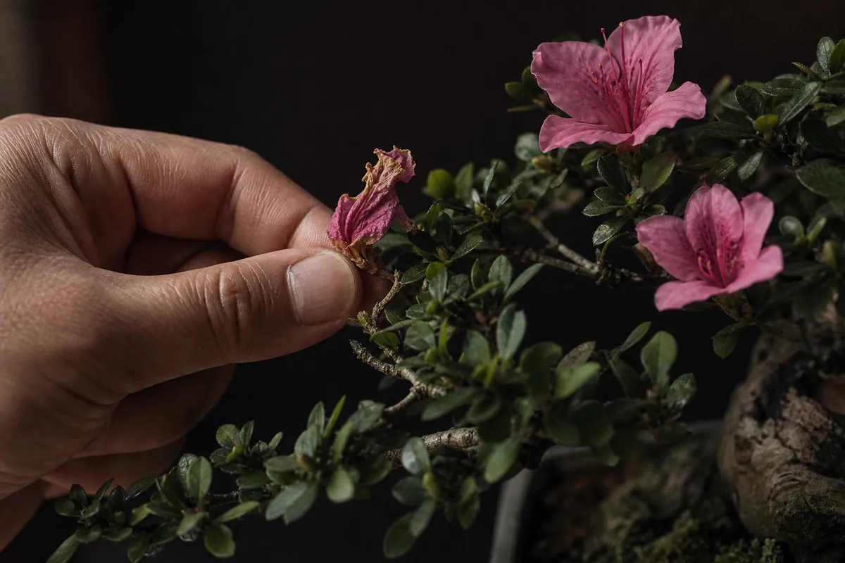 しおれたさつきの花を、指先で付け根からひねって取っている様子。横にはまだ咲いている桃色の花
